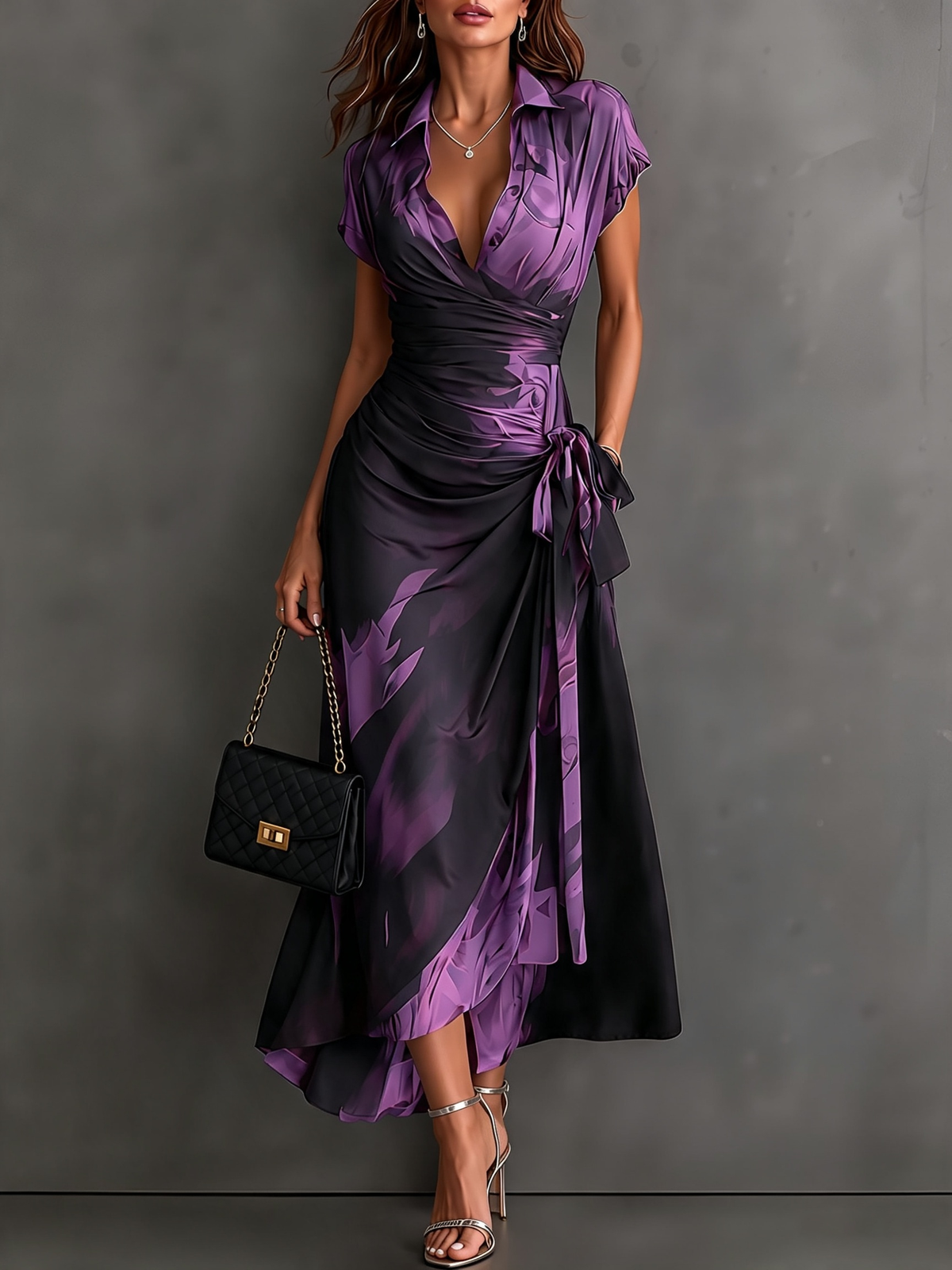 Brown Black Abstract Print Wrap Midi Dress Collared V Neck Short Sleeve Tie Waist Ruffled High‑Low Hem Dress