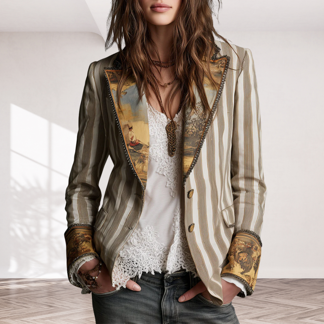 Bohemian Striped Cotton Blazer With Printed Lapels