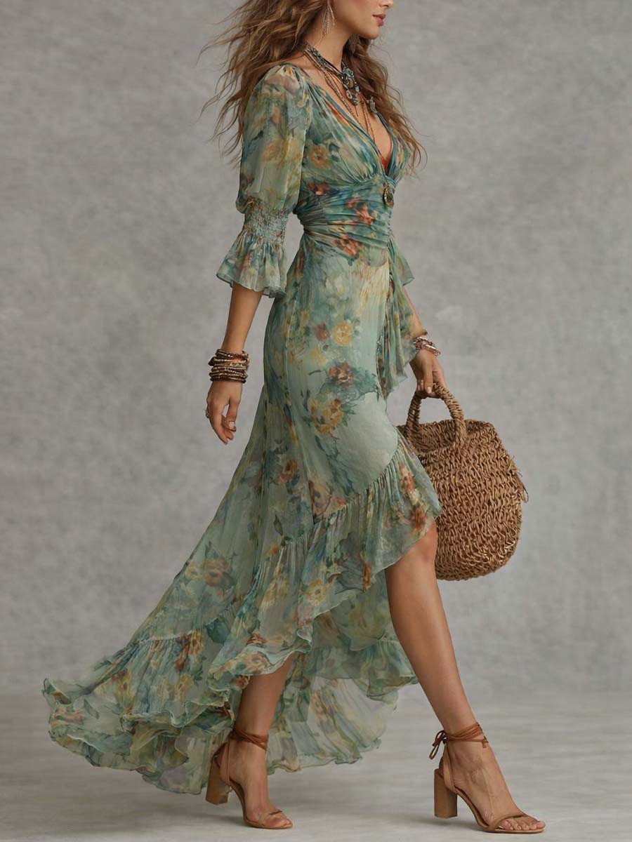 AURORA | FLORAL MAXI DRESS WITH ROMANTIC ASYMMETRIC HEM