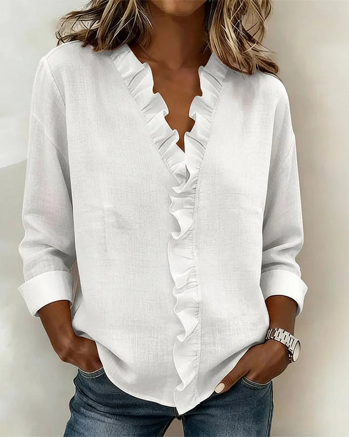 Audrey™ | Blouse with Ruffles, V-Neck and Long Sleeves