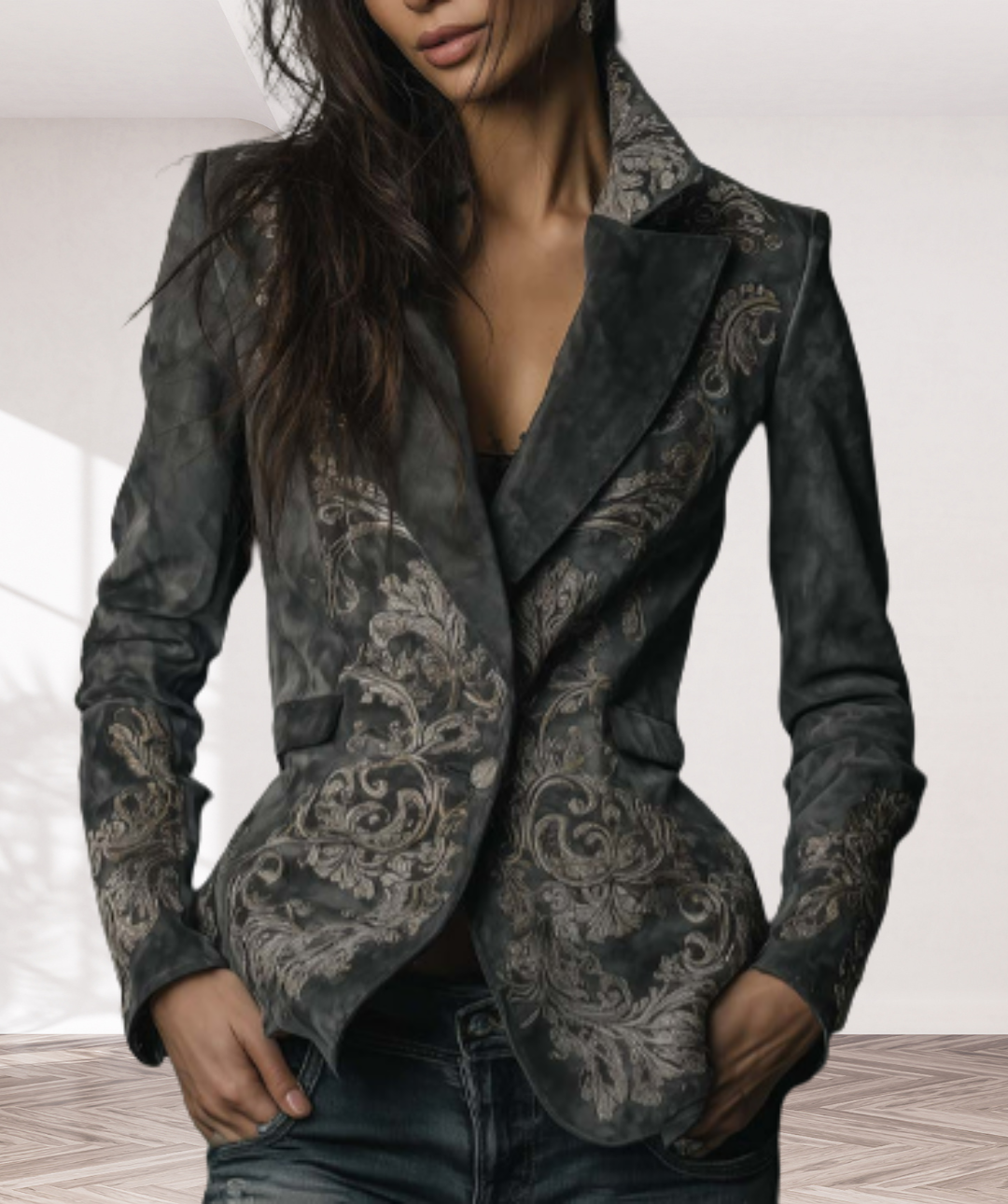 Embossed Floral Eco-Suede Blazer In Charcoal Taupe