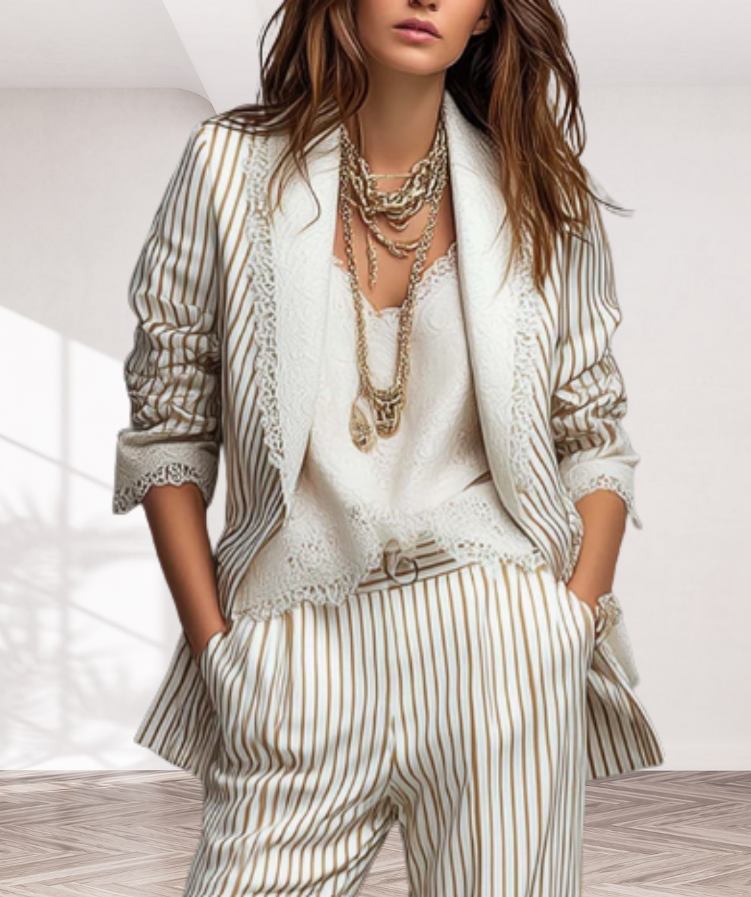 Vintage Striped Lace Short-sleeved Blazer