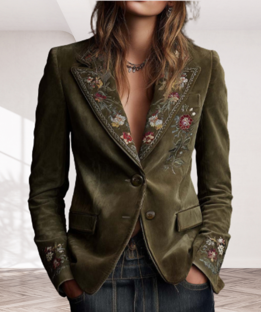 Olive Green Velvet Blazer With Intricate Floral Embroidery