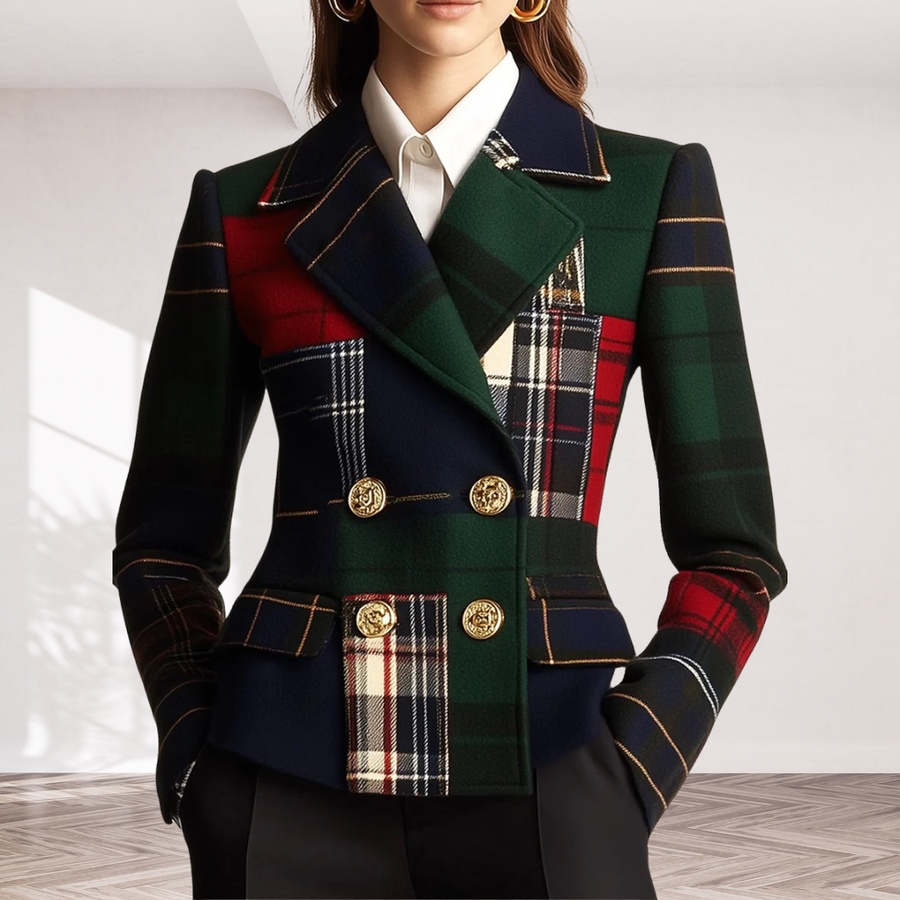 Casual Lapel Plaid Double-breasted Woolen Blazer