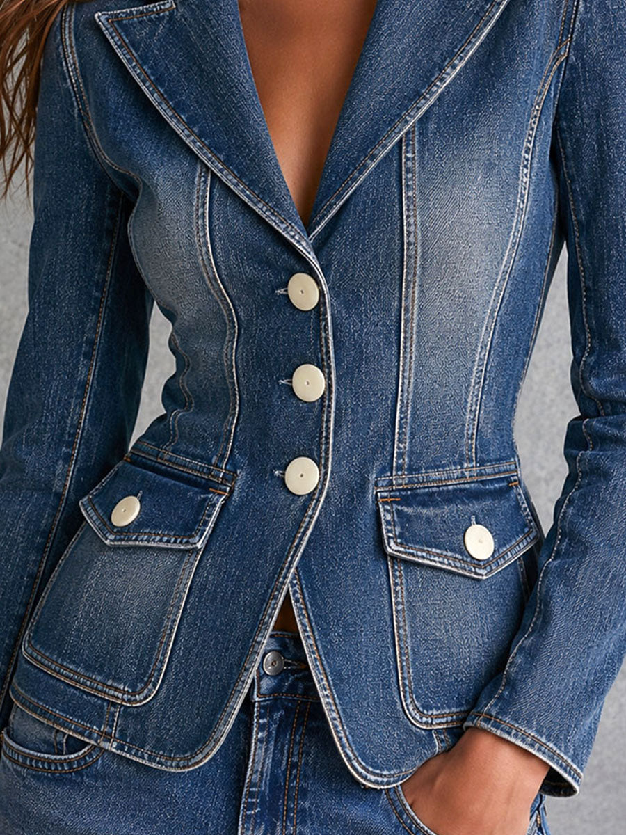 Vintage Wash Denim Notched Lapel Single Breasted Fitted Blazer
