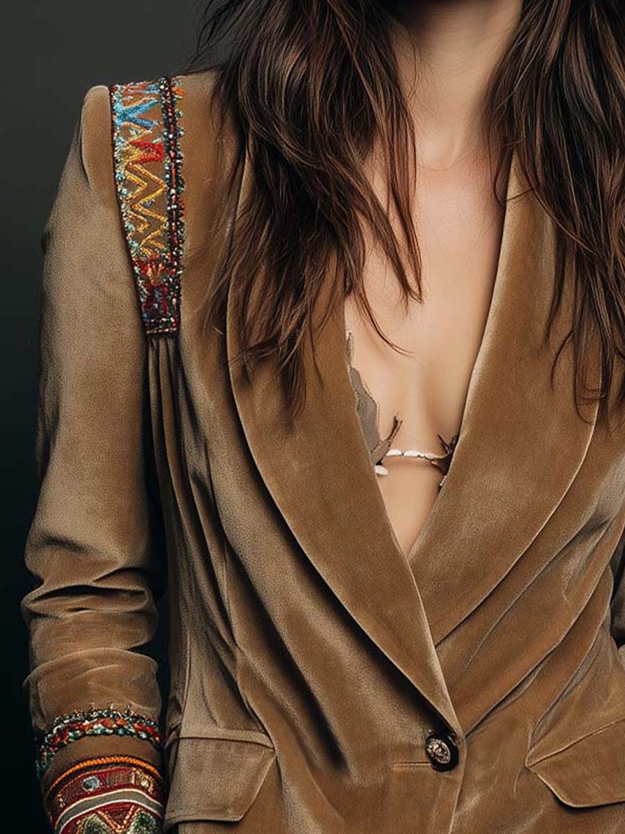 Polyester velvet Embroidered Blazer With Bohemian Detailing