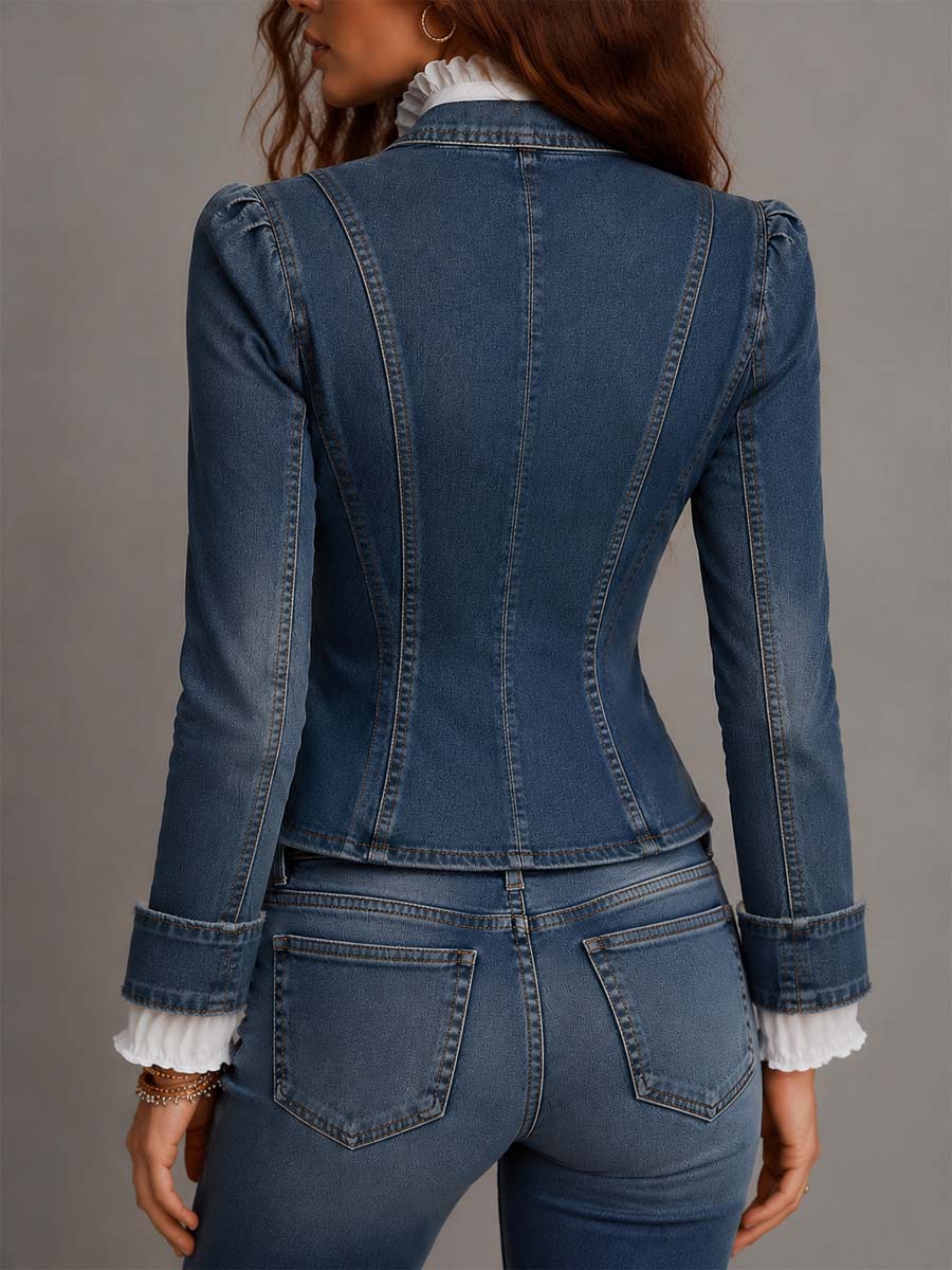Western Vintage Double Breasted Gold Button Frayed Hem Cropped Denim Blazer