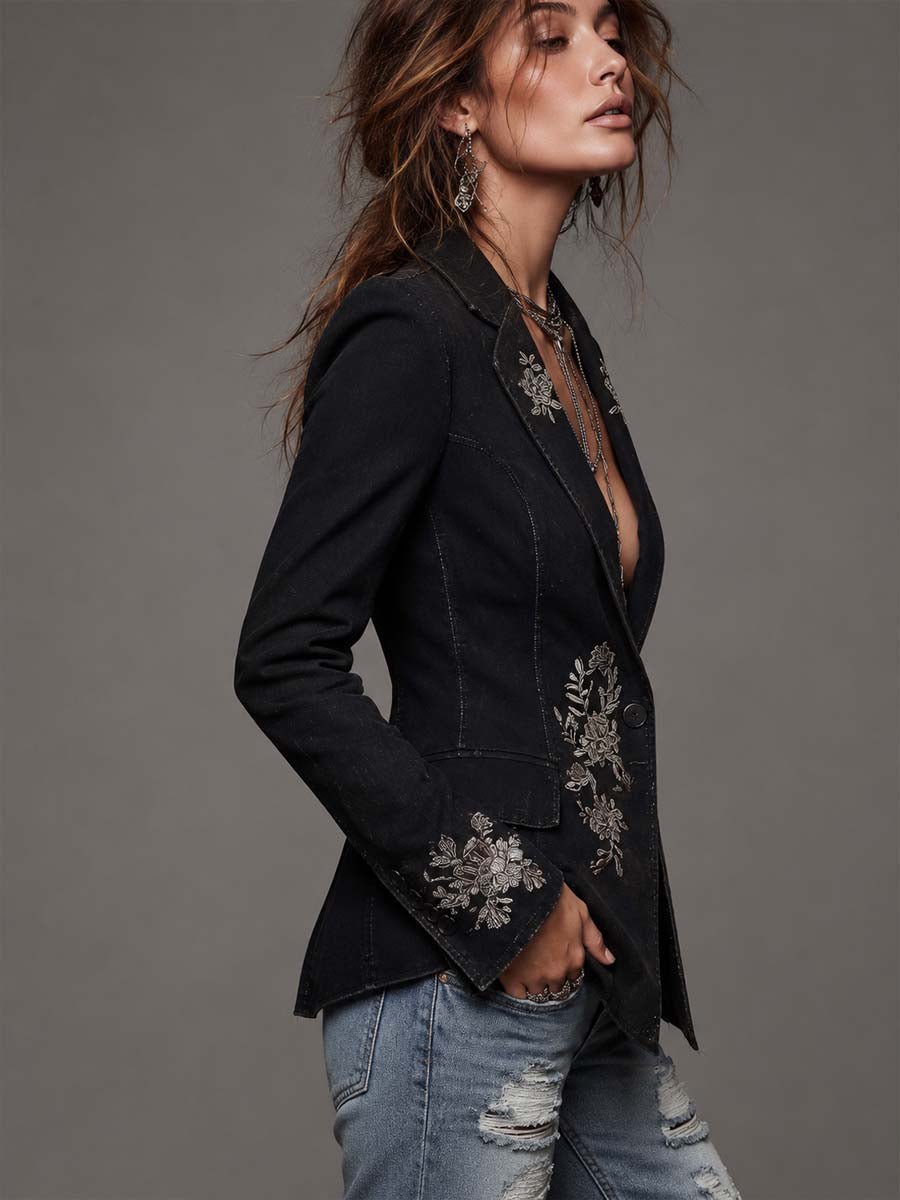 Vintage Washed Black Denim Tailored Blazer Silver Floral Embroidery Slim Fit One Button Western Boho Jacket