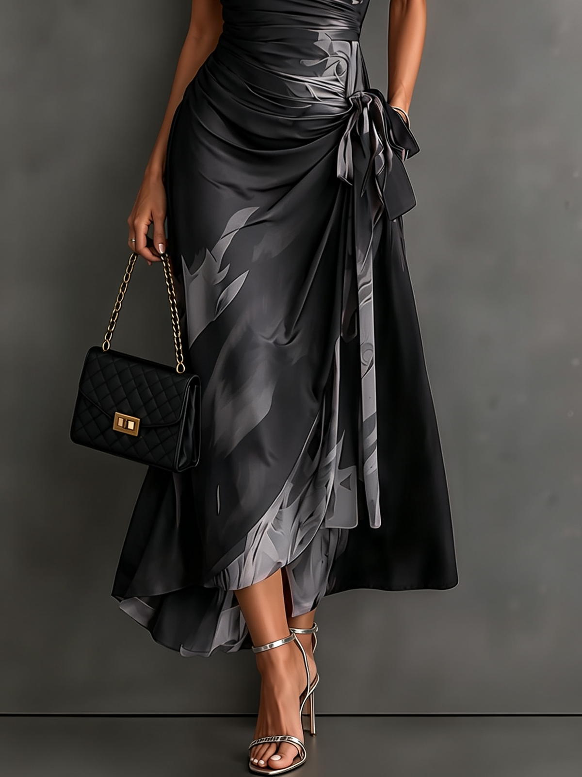 Brown Black Abstract Print Wrap Midi Dress Collared V Neck Short Sleeve Tie Waist Ruffled High‑Low Hem Dress