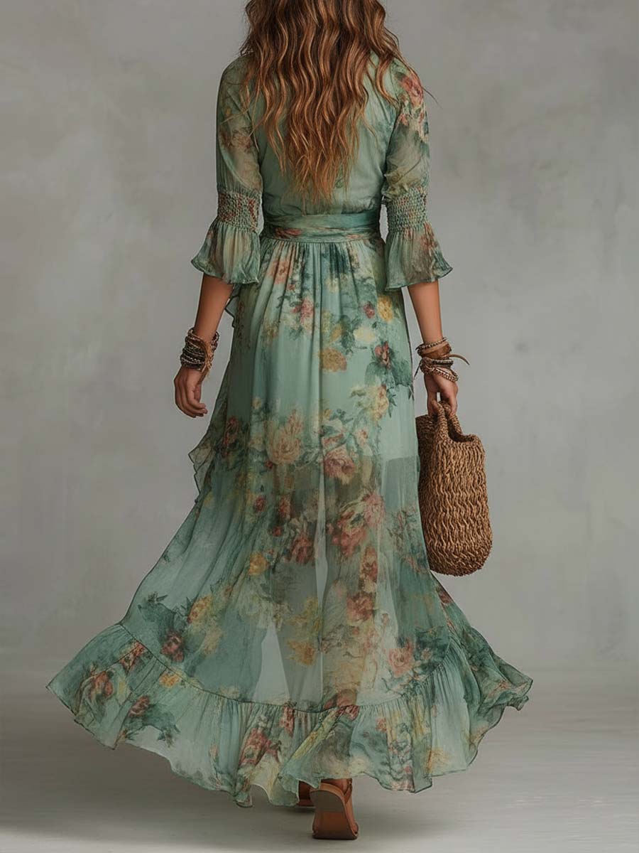 AURORA | FLORAL MAXI DRESS WITH ROMANTIC ASYMMETRIC HEM