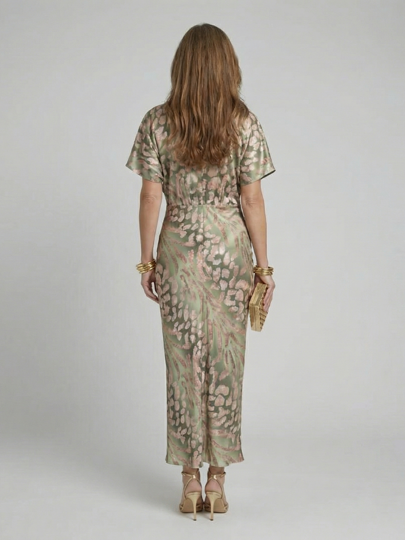 Ellis & Johnson™  | Abstract Print V Neck Twist Waist Midi Dress