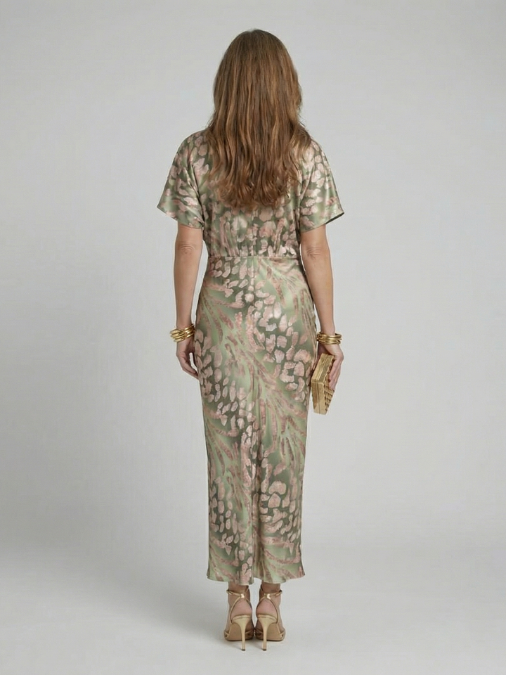 Ellis & Johnson™  | Abstract Print V Neck Twist Waist Midi Dress