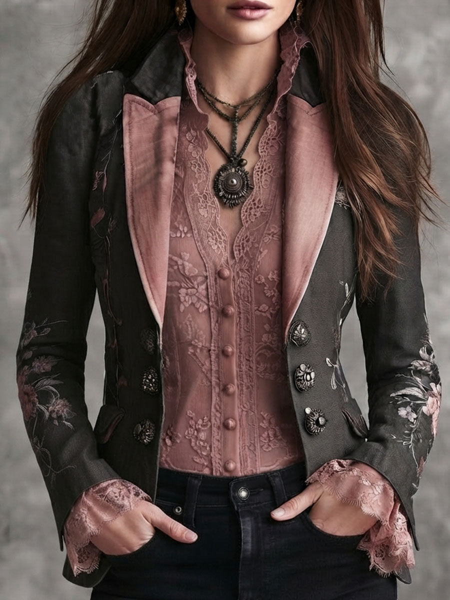 Retro Black Floral Embroidered Pink Satin Lapel Blazer