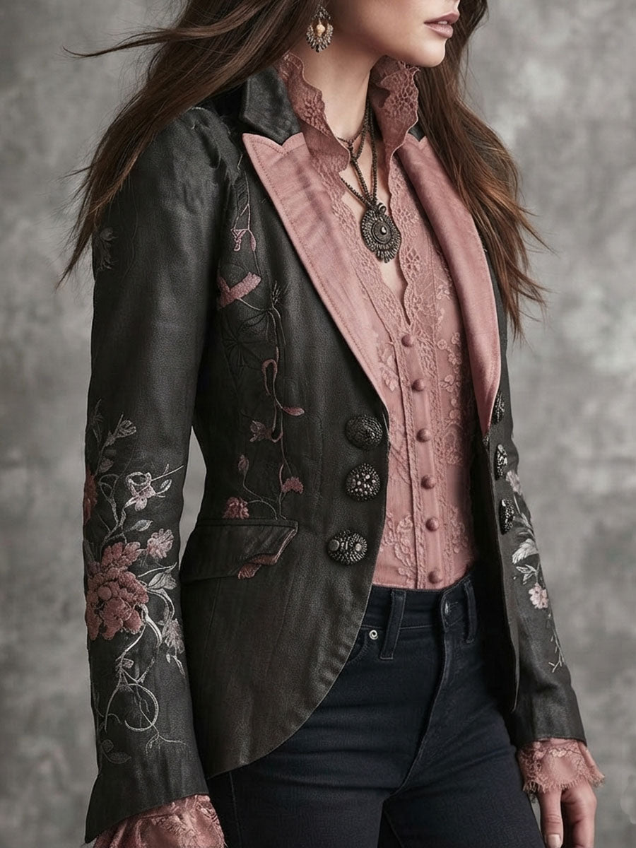 Retro Black Floral Embroidered Pink Satin Lapel Blazer