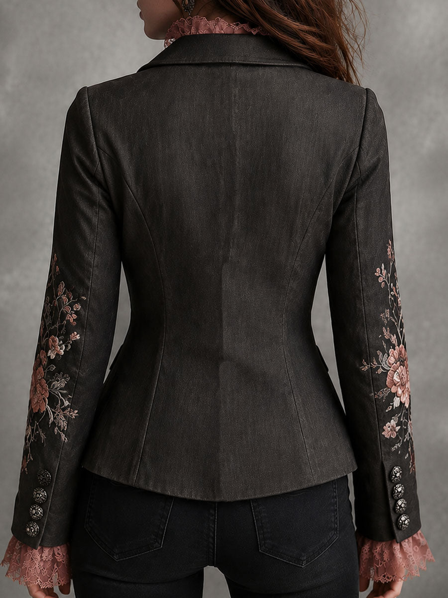 Retro Black Floral Embroidered Pink Satin Lapel Blazer