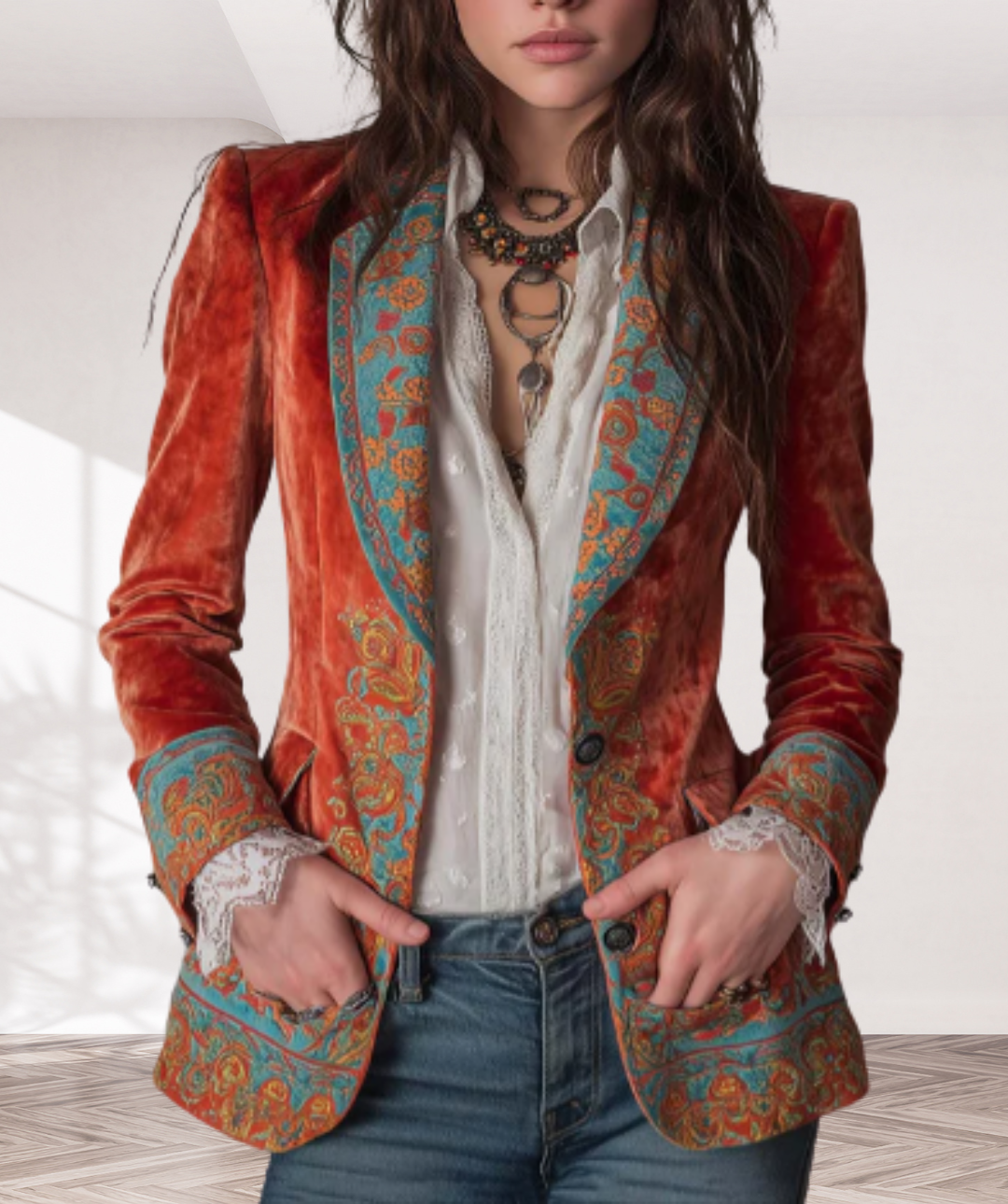Retro Contrast Color Polyester Velvet Printed Blazer
