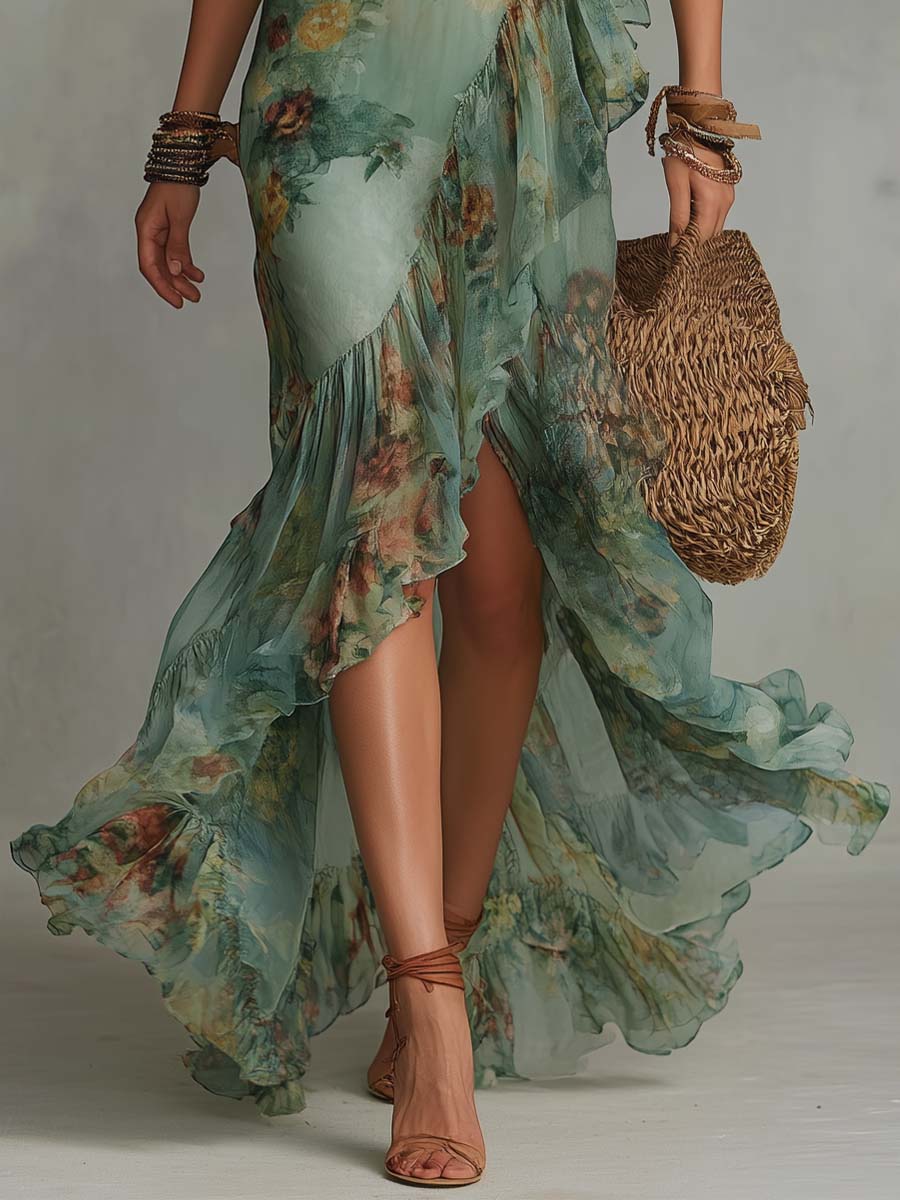 AURORA | FLORAL MAXI DRESS WITH ROMANTIC ASYMMETRIC HEM