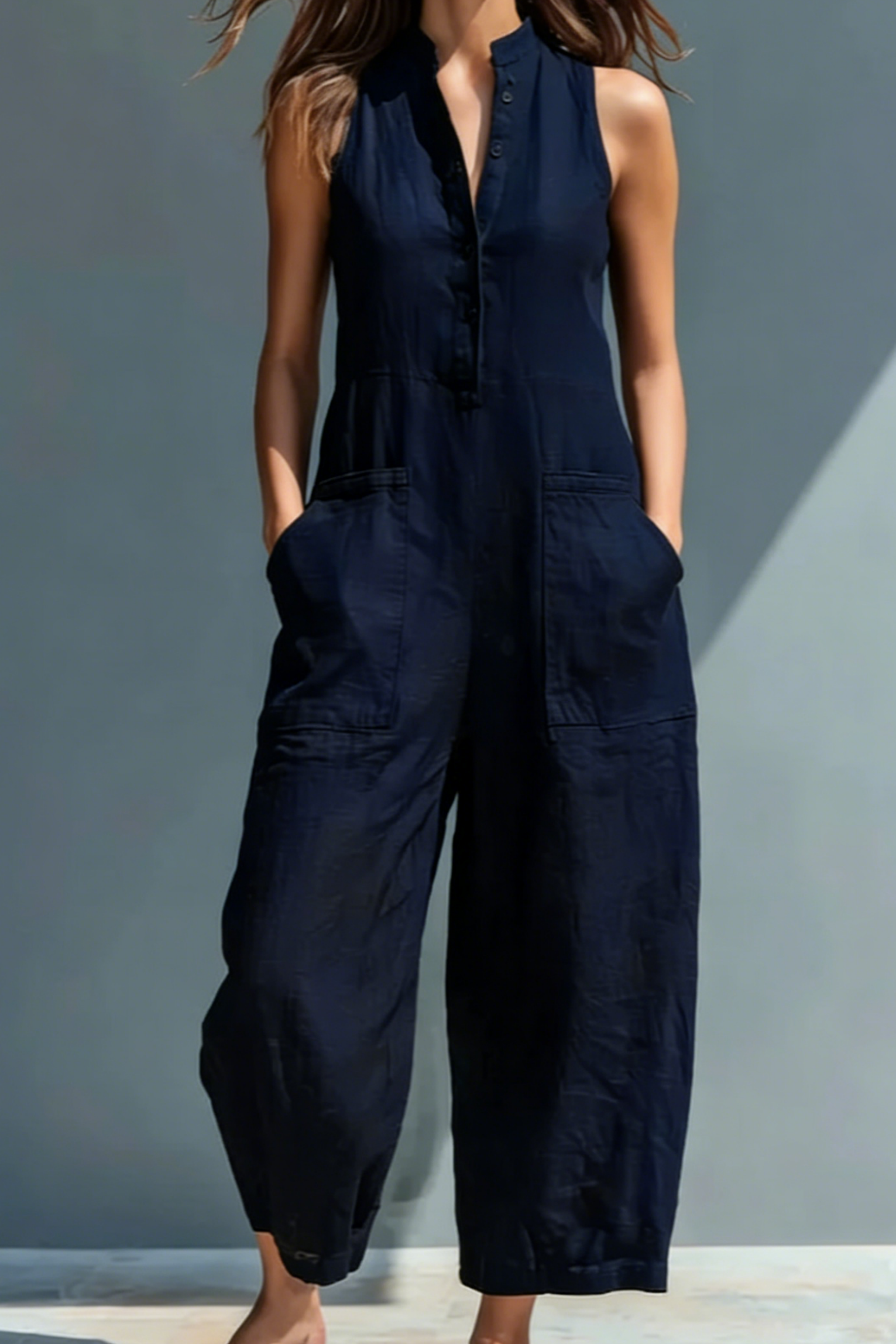 Zwarte linnenmix mouwloze jumpsuit met opstaande kraag