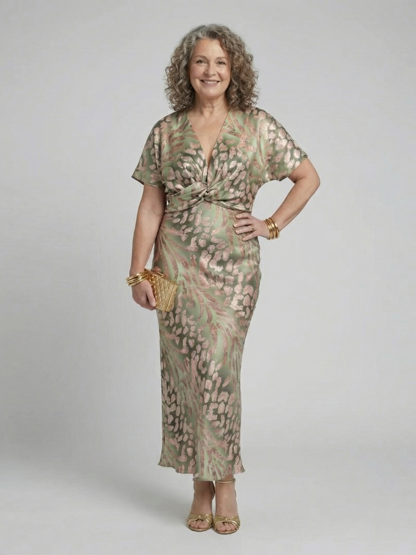 Ellis & Johnson™  | Abstract Print V Neck Twist Waist Midi Dress