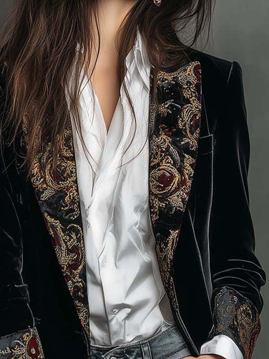 Timeless Vintage Luxury Black Velvet Blazer With Baroque Printed Lapel