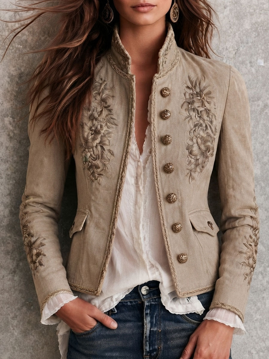 Retro Beige Stand Collar Floral Embroidery Braided Trim Jacket