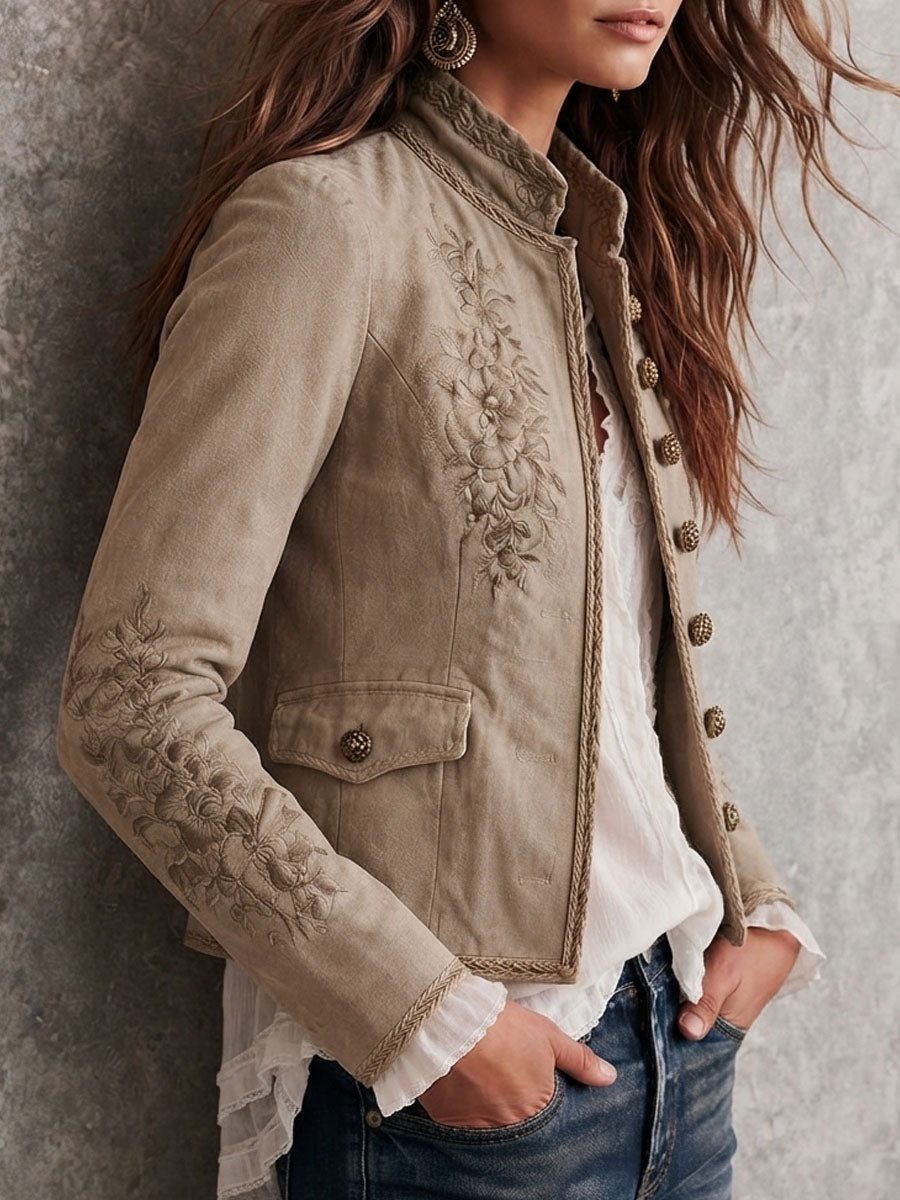 Retro Beige Stand Collar Floral Embroidery Braided Trim Jacket