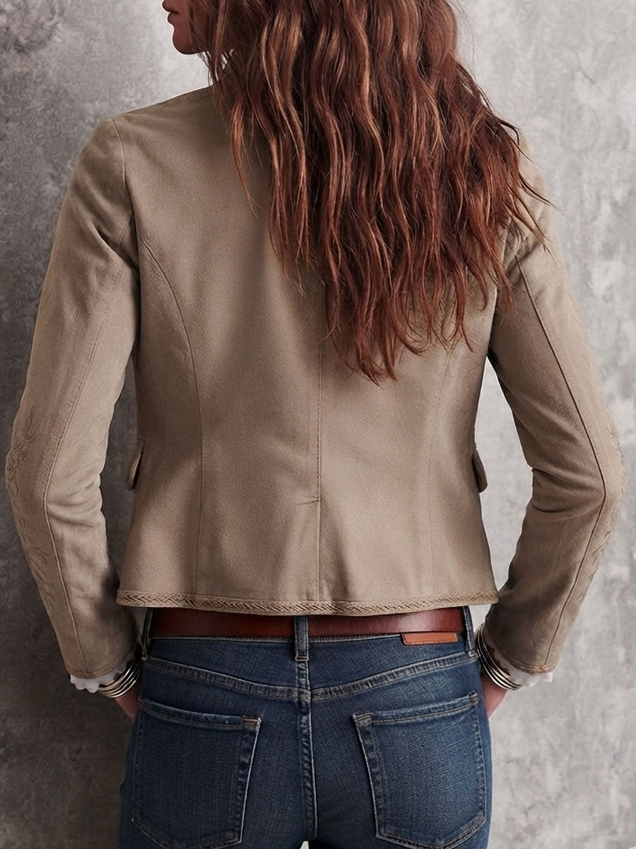 Retro Beige Stand Collar Floral Embroidery Braided Trim Jacket