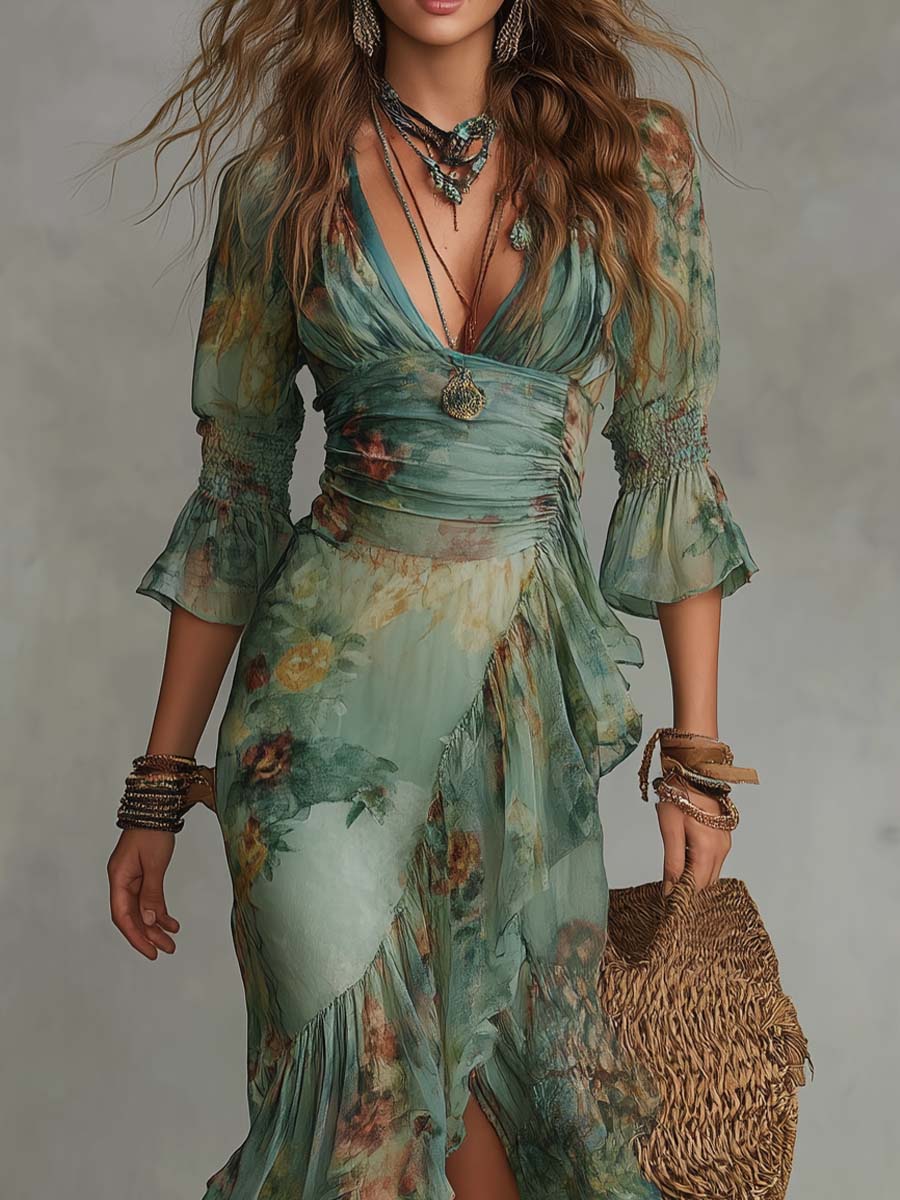 AURORA | FLORAL MAXI DRESS WITH ROMANTIC ASYMMETRIC HEM