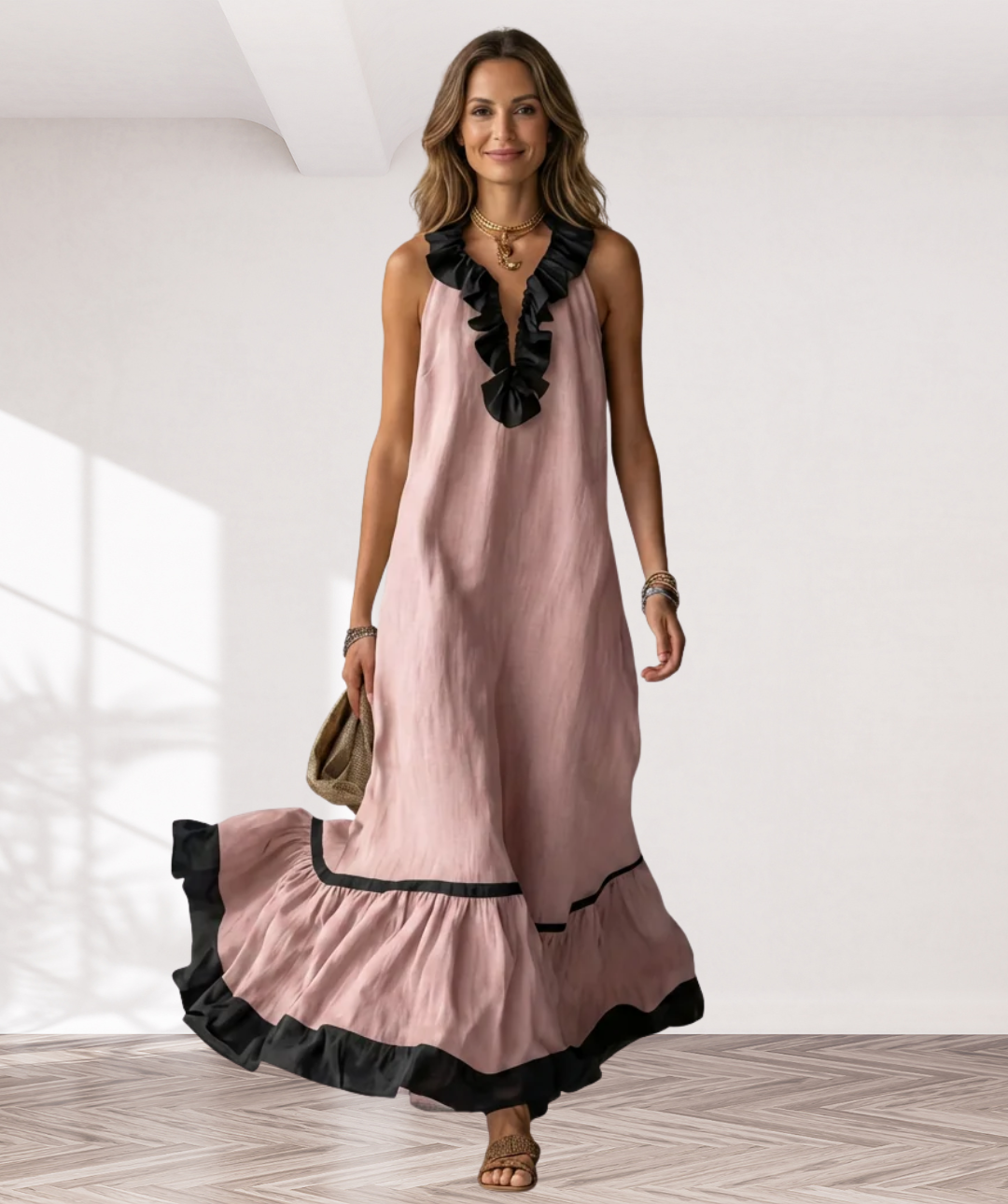 Mayline | Sleeveless Ruffle-Neck Contrast-Trim Maxi Dress