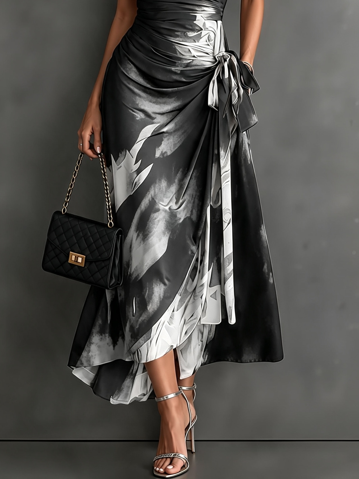 Brown Black Abstract Print Wrap Midi Dress Collared V Neck Short Sleeve Tie Waist Ruffled High‑Low Hem Dress