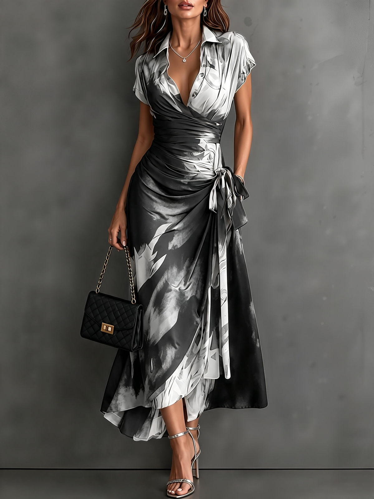 Brown Black Abstract Print Wrap Midi Dress Collared V Neck Short Sleeve Tie Waist Ruffled High‑Low Hem Dress