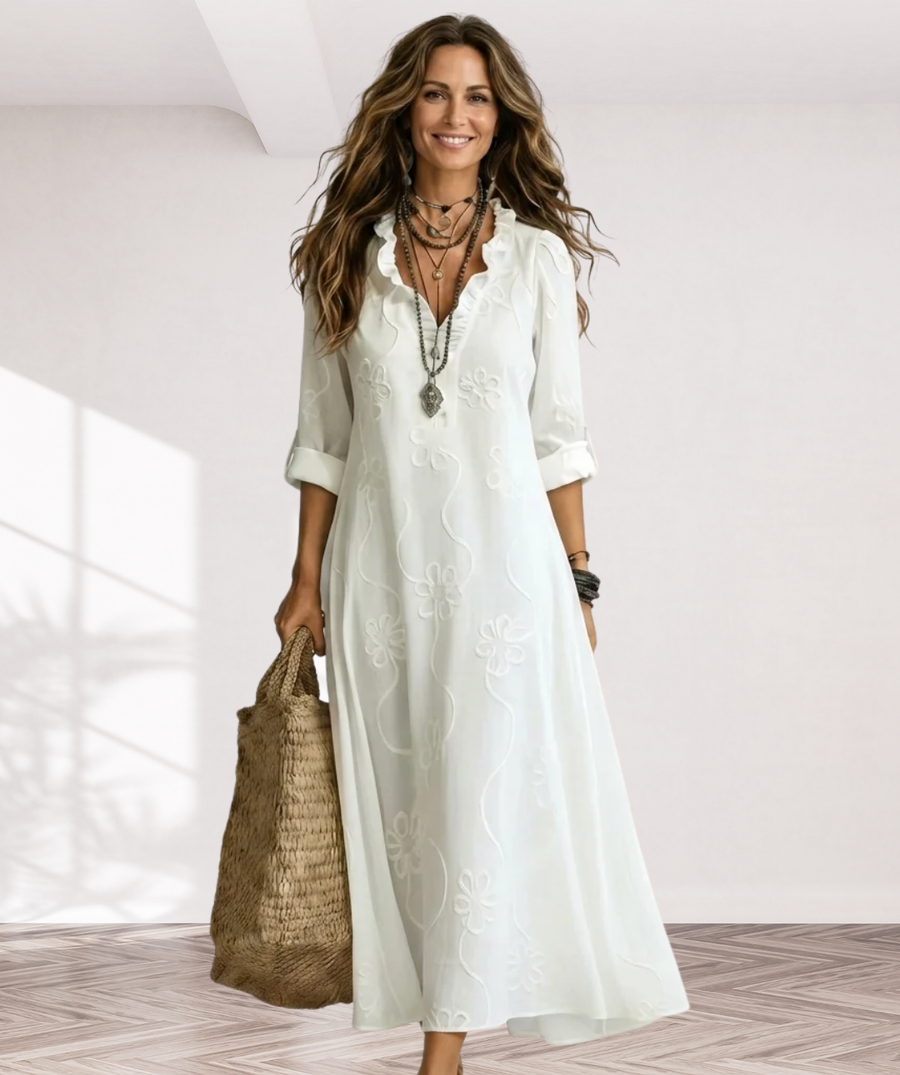 Mariam | Cotton-Linen Maxi Dress with Tonal Floral Embroidery