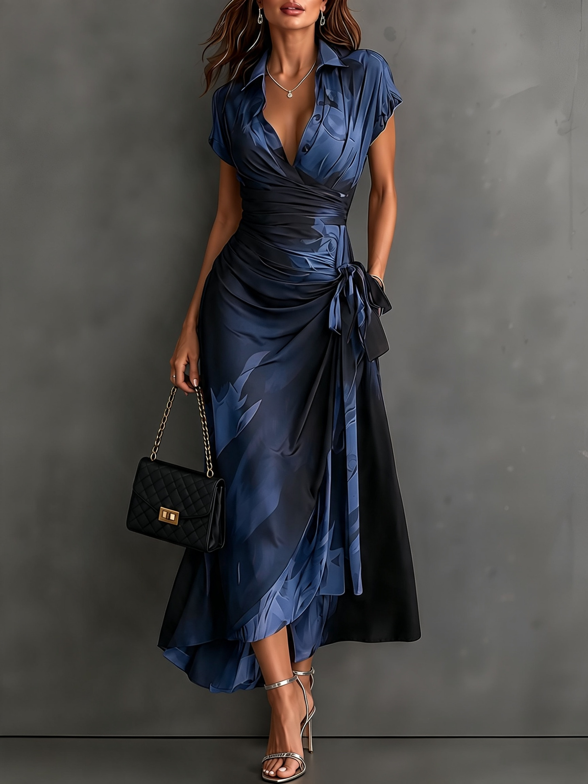 Brown Black Abstract Print Wrap Midi Dress Collared V Neck Short Sleeve Tie Waist Ruffled High‑Low Hem Dress