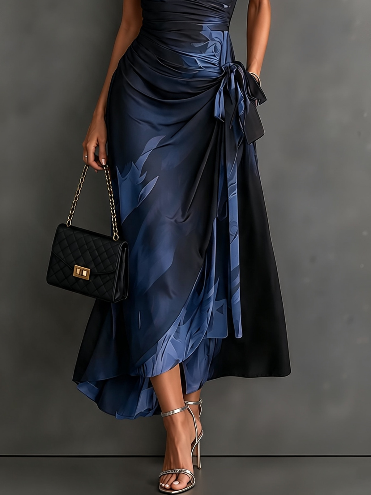 Brown Black Abstract Print Wrap Midi Dress Collared V Neck Short Sleeve Tie Waist Ruffled High‑Low Hem Dress