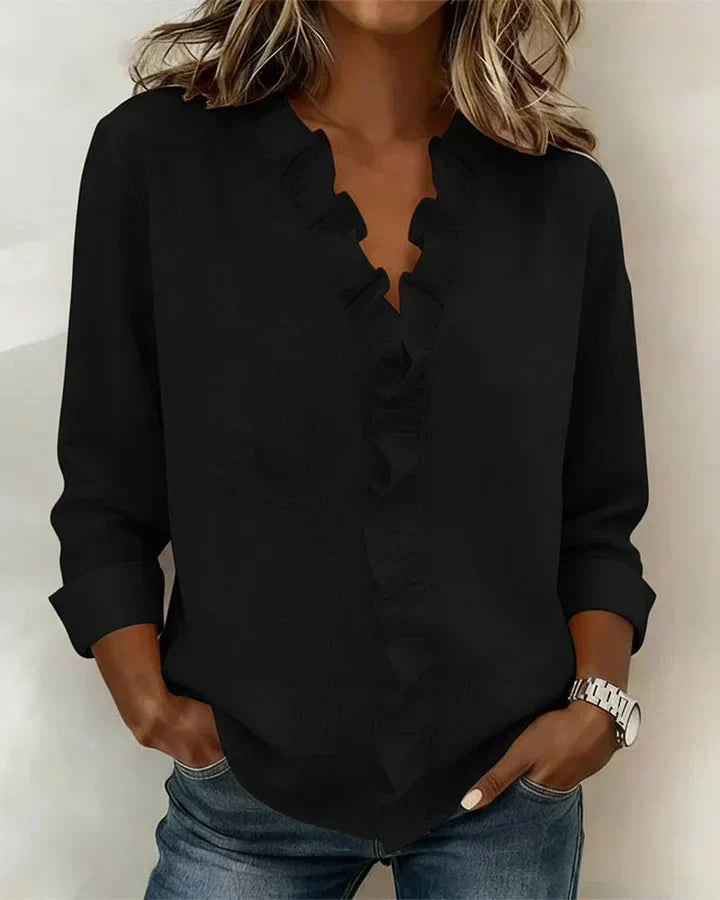 Audrey™ | Blouse with Ruffles, V-Neck and Long Sleeves
