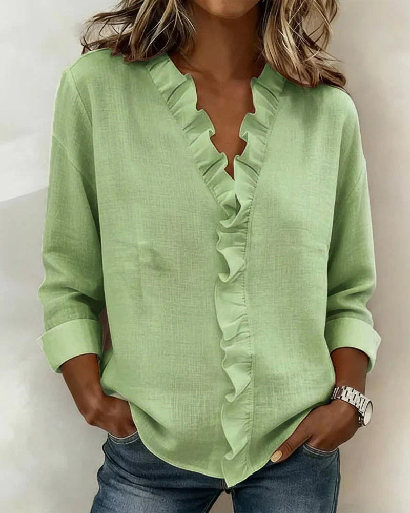 Audrey™ | Blouse with Ruffles, V-Neck and Long Sleeves