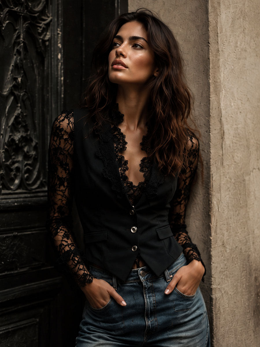 Elegant Black Lace Panel Sleeve Blazer Top