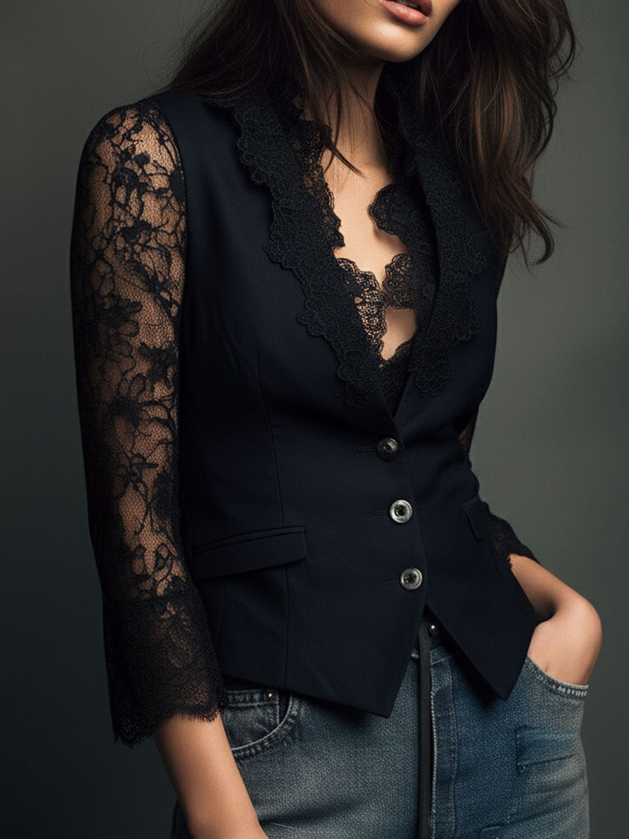 Elegant Black Lace Panel Sleeve Blazer Top