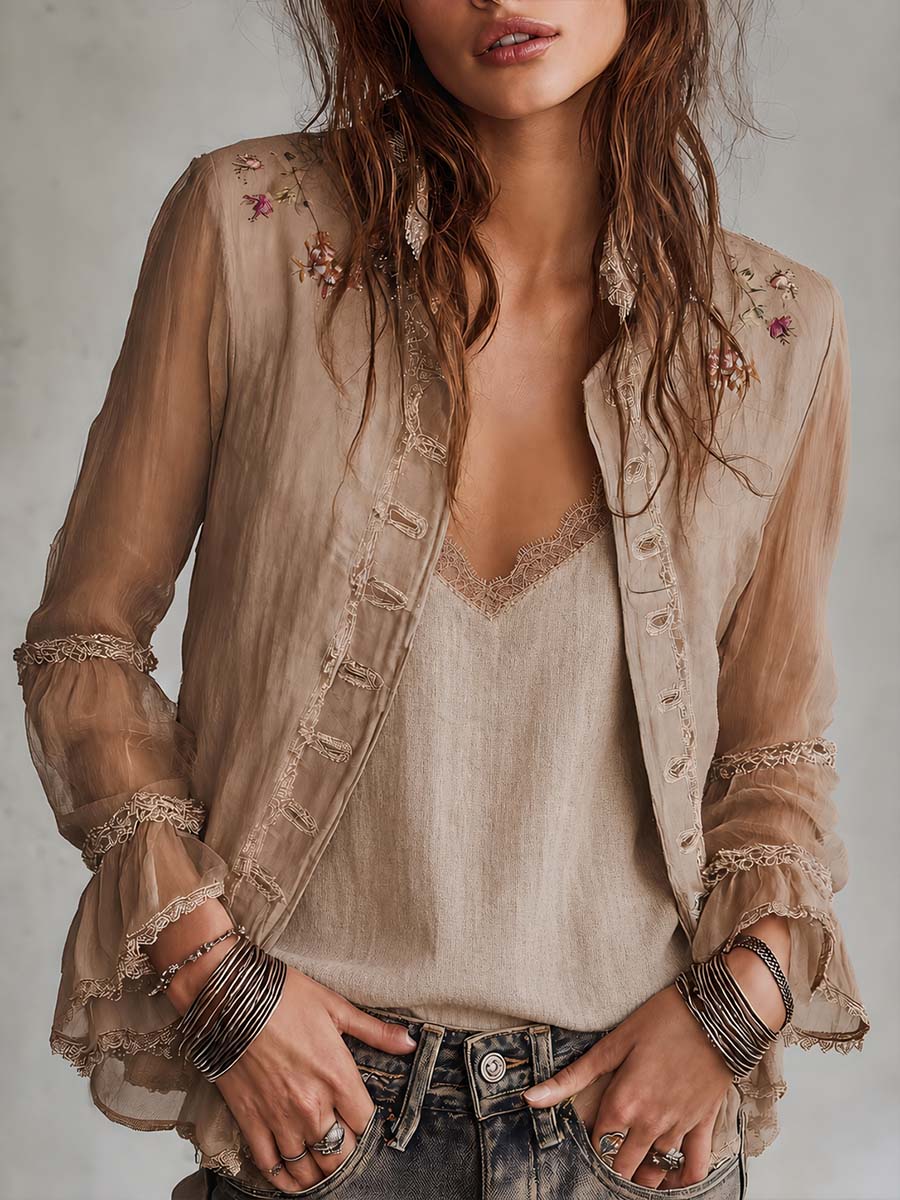 Vintage Sheer Sleeves Embroideried Cotton-linen Blazer