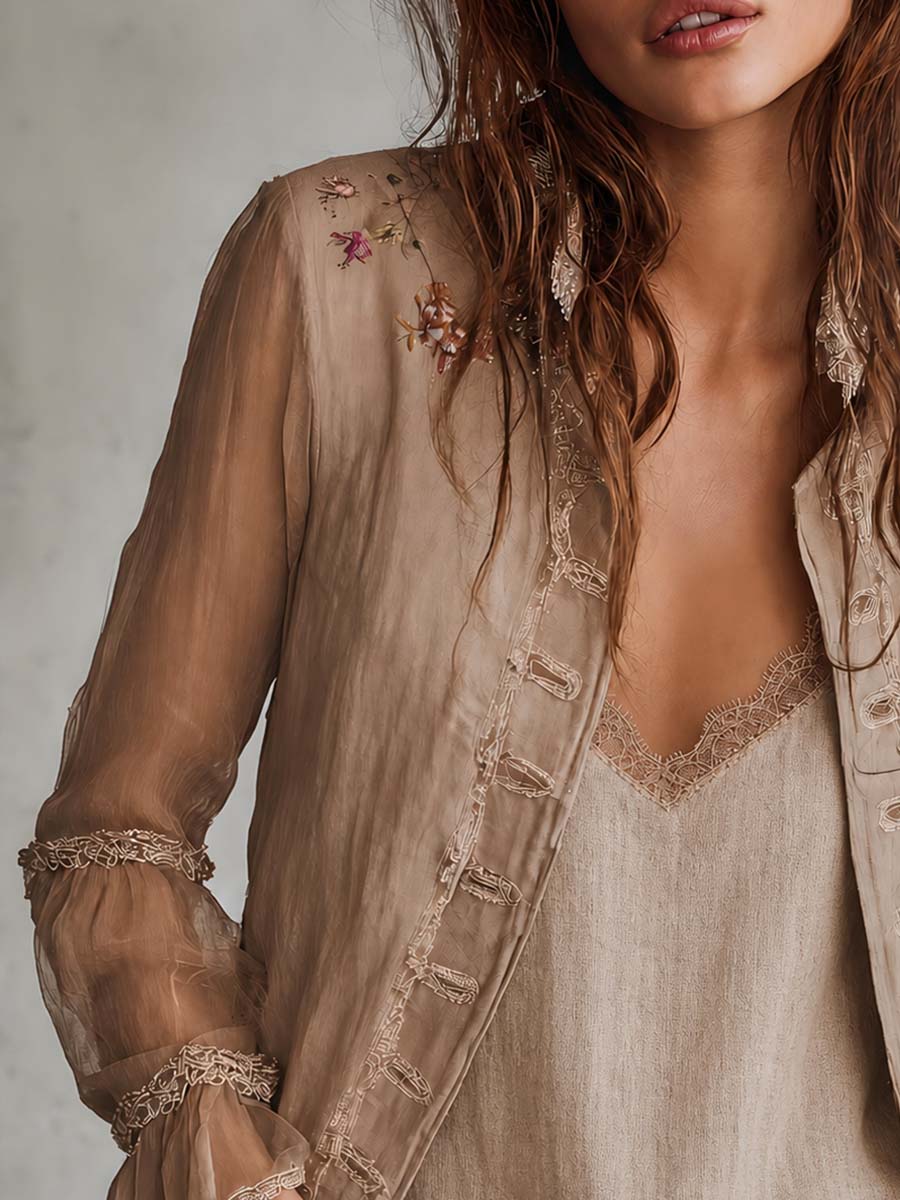 Vintage Sheer Sleeves Embroideried Cotton-linen Blazer