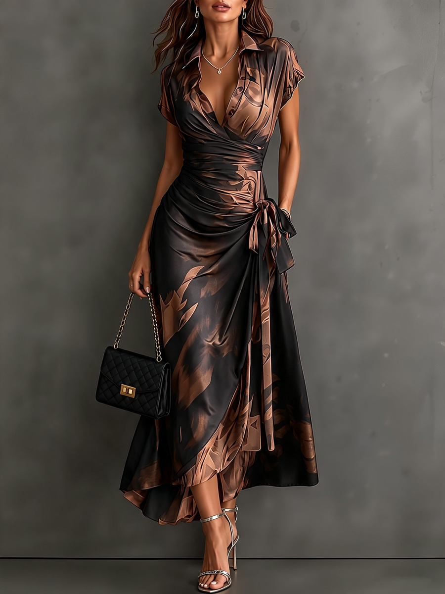 Midi Wallet Dress with Abstract Brown Print, V-Neck Collar, Short Sleeves, Bow Waist, Asymmetrical Ruffle Hem