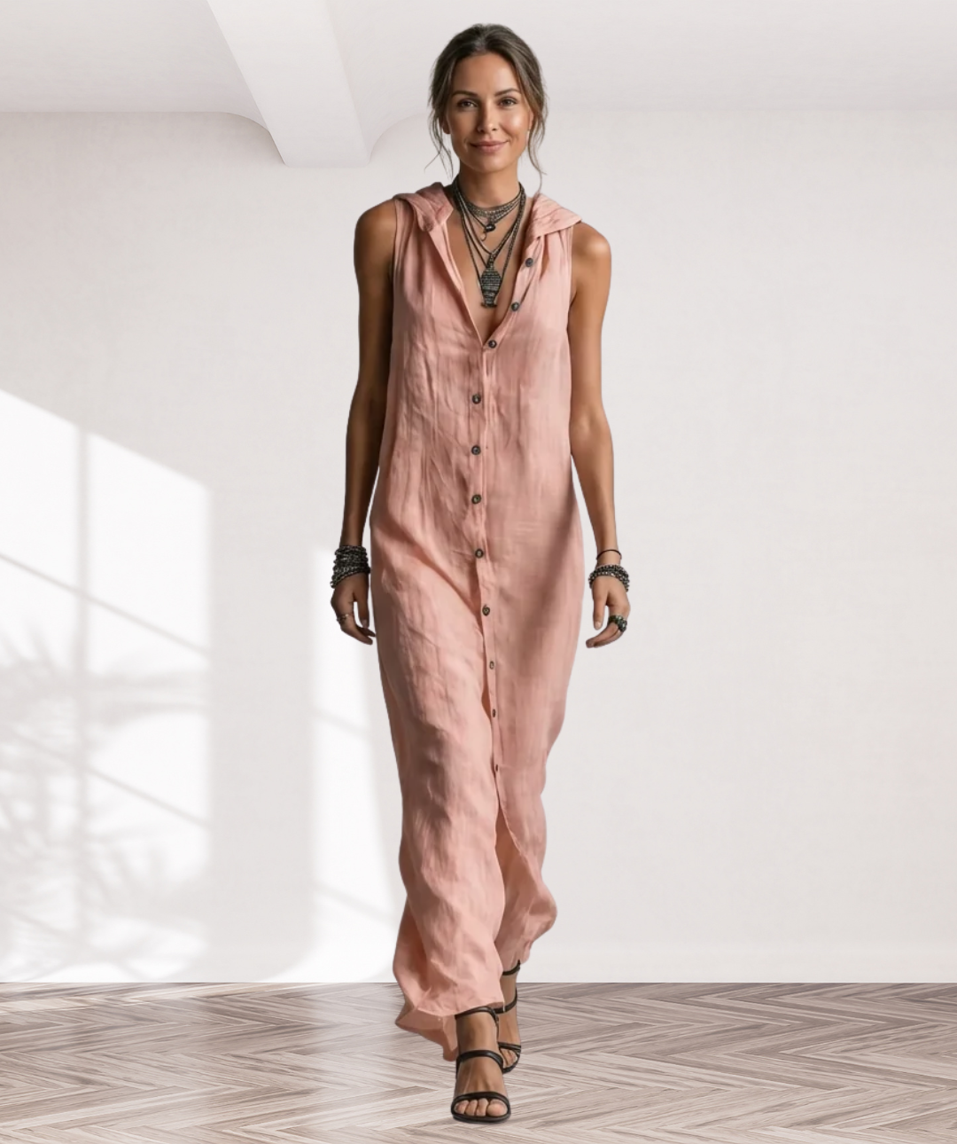 Mirabell | Hooded Button-Front Sleeveless Maxi Dress