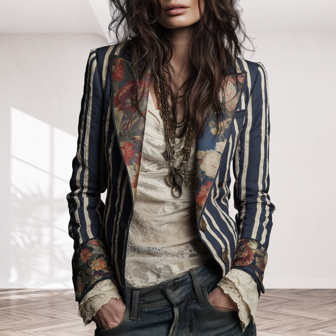 Bohemian Floral Print Cotton And Linen Striped Blazer