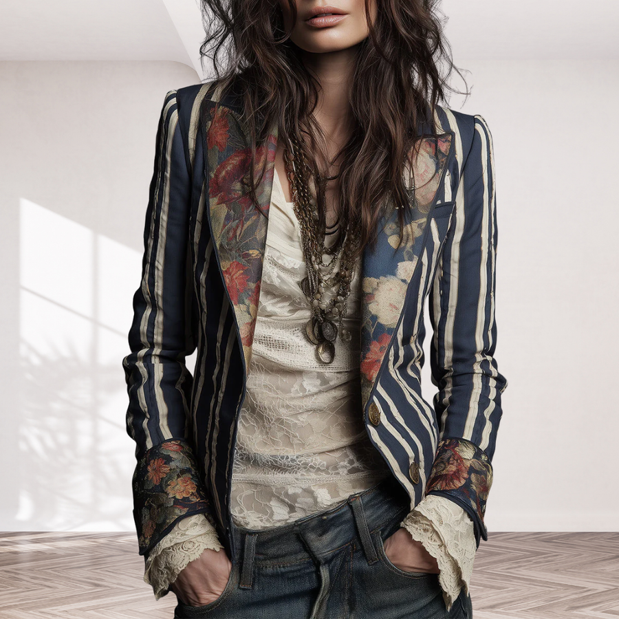 Bohemian Floral Print Cotton And Linen Striped Blazer