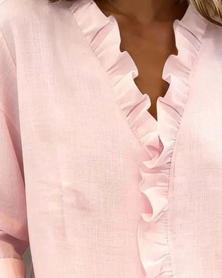 Audrey™ | Blouse with Ruffles, V-Neck and Long Sleeves