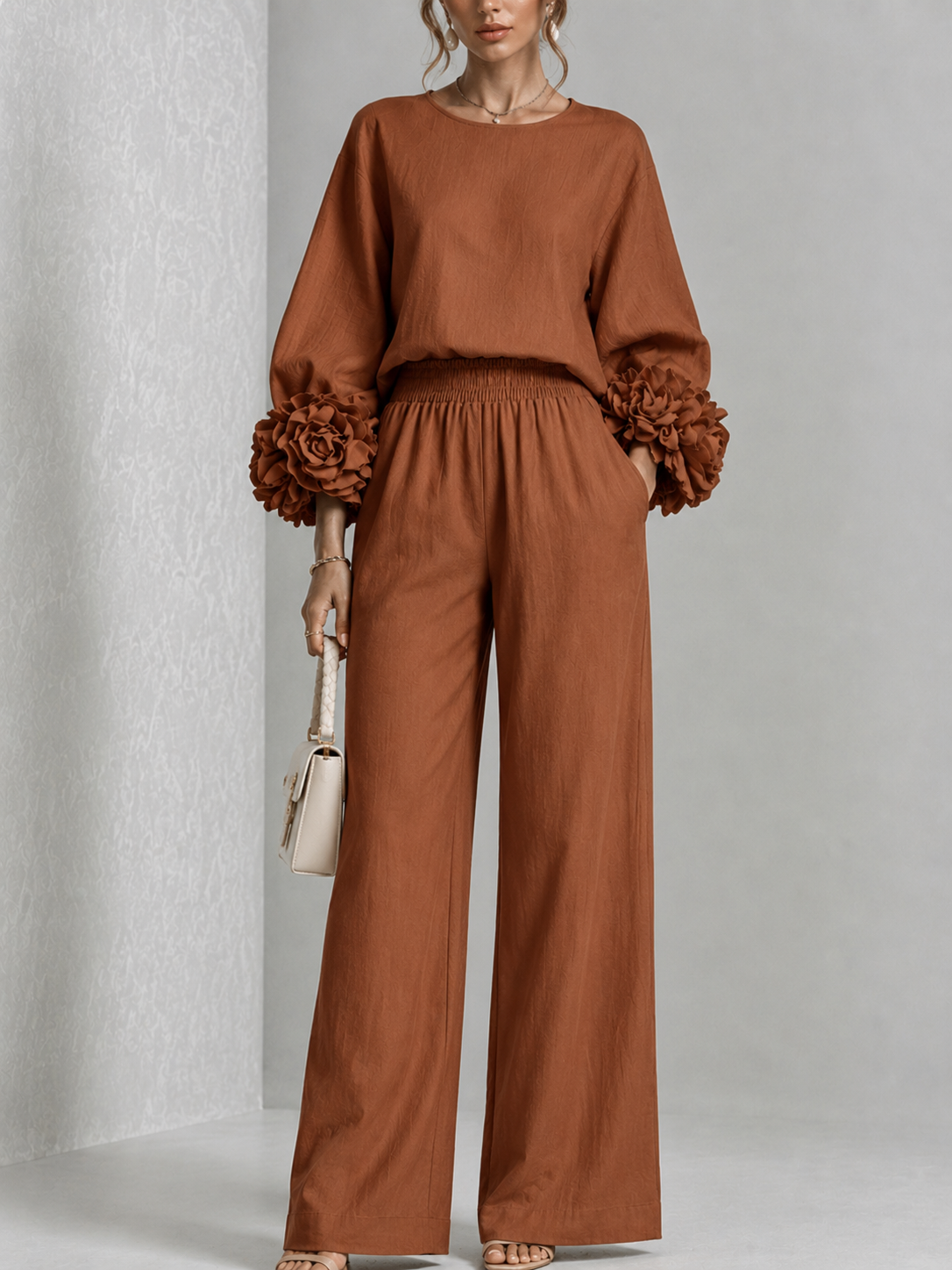 Brown | FLORAL CUFF TWO-PIECE SET