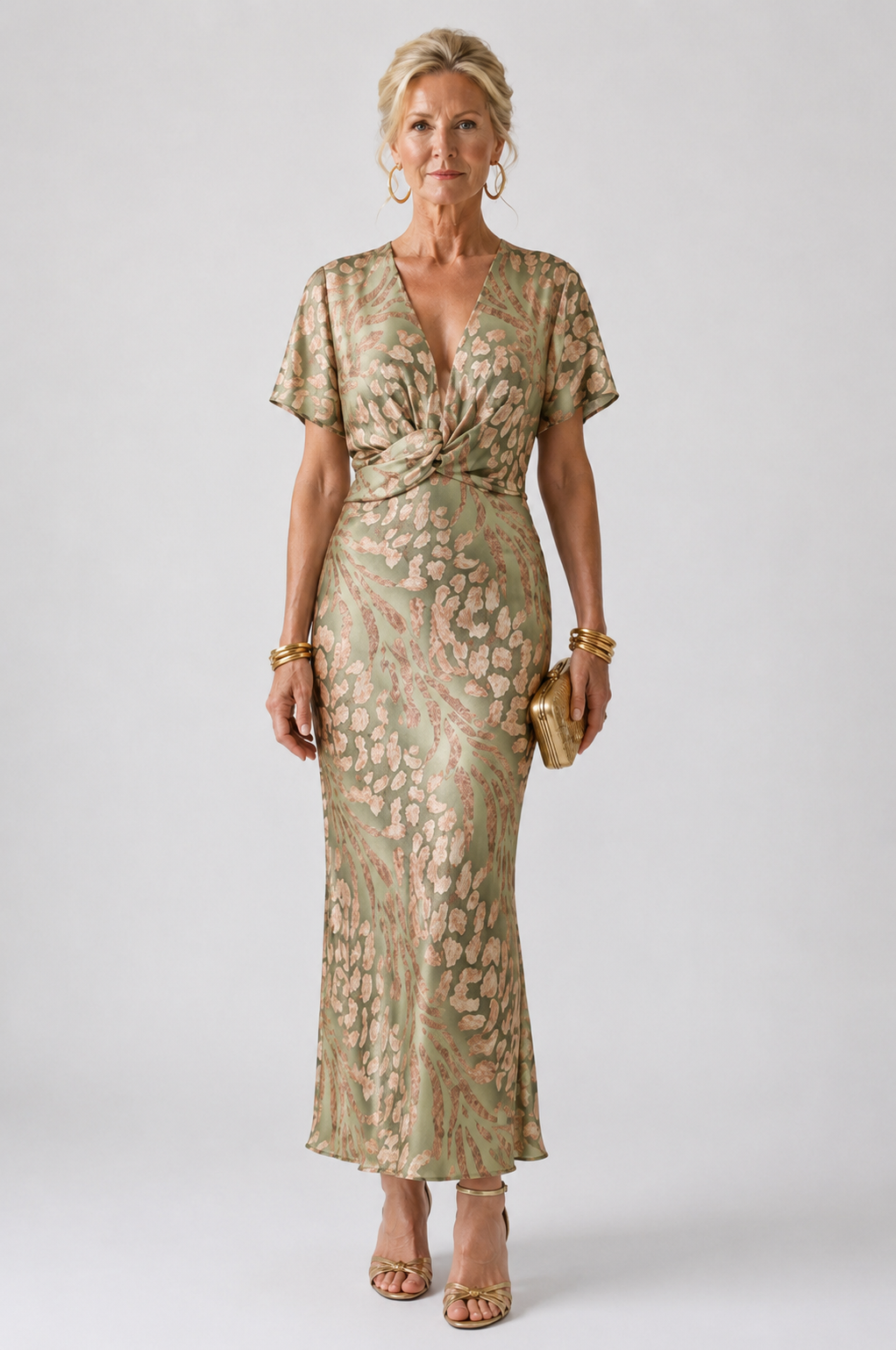 Ellis & Johnson™  | Abstract Print V Neck Twist Waist Midi Dress