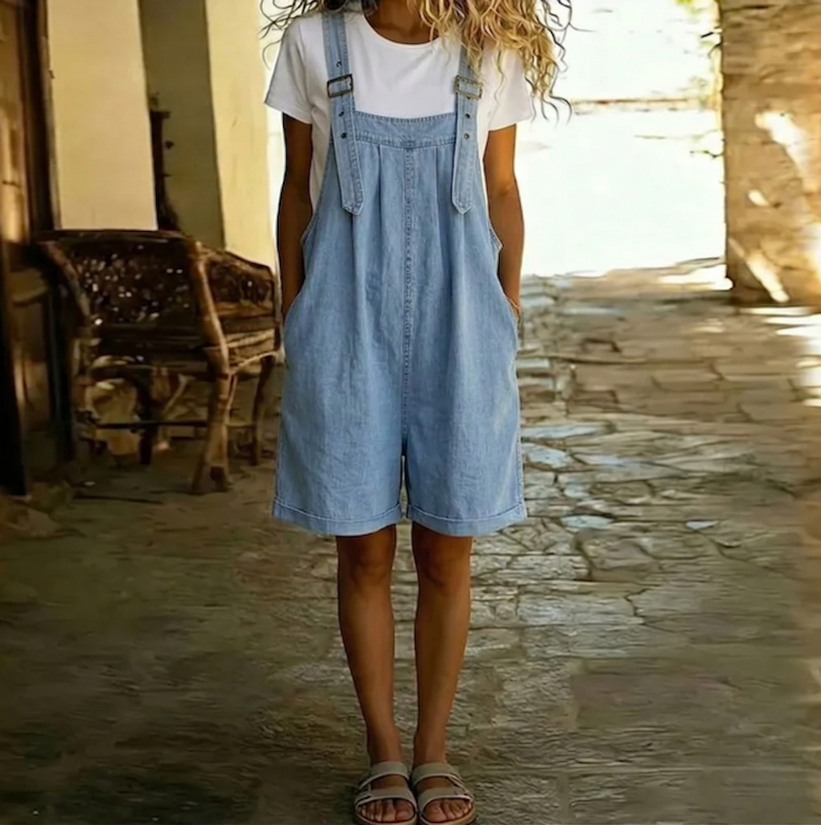 Michelle | Vintage Washed Soft Cotton Feel Denim Short Overall Light blue