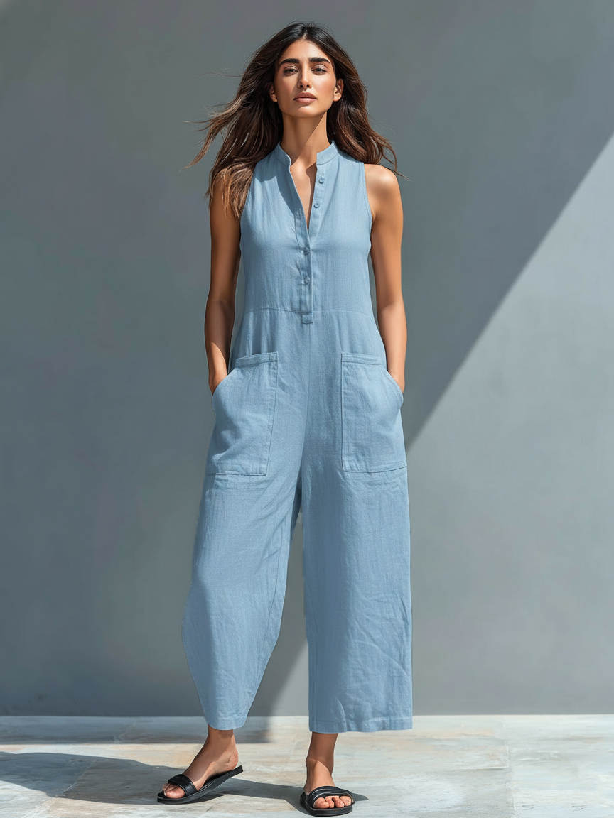Women's Minimalist Linen Blend Button-up Stand-collar Sleeveless Loose Jumpsuit MDZ2725A5Y