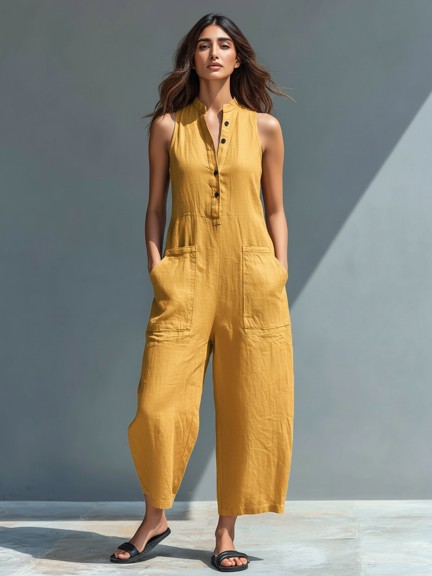 Women's Minimalist Linen Blend Button-up Stand-collar Sleeveless Loose Jumpsuit MDZ2725A5Y